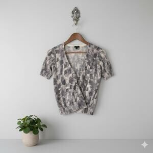 Talbots Small Cardigan Short Sleeve Button-Up White & Gray